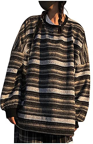 Y2k tröja vintage – stickad tröja dam oversize randig grovstickad tröja lång tröja för tonårsflickor estetisk e-girl pullover vintage överdimensionerad sweatshirt Y2k topp Harajuku streetwear, svart, M