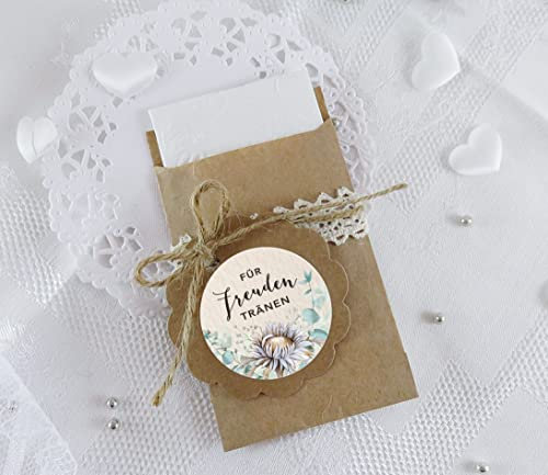 Set Freudentränen Eukalyptus Trockenblumen beige grün zur Hochzeit 48 Sticker Aufkleber + 48 Flachbeutel 63 x 93 mm für Taschentücher Verpackung (Tüten + Sticker Eukalyptus beige grün braun)