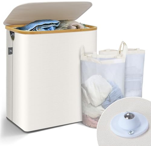 VOUNOT® Panier à Linge Pliable avec Roulettes 145L Bac a Linge avec Couvercle et Sac Intérieur Amovible Grande Capacité Corbeille à Linge avec Poignées et Cadre en Bambou pour Vêtements Beige