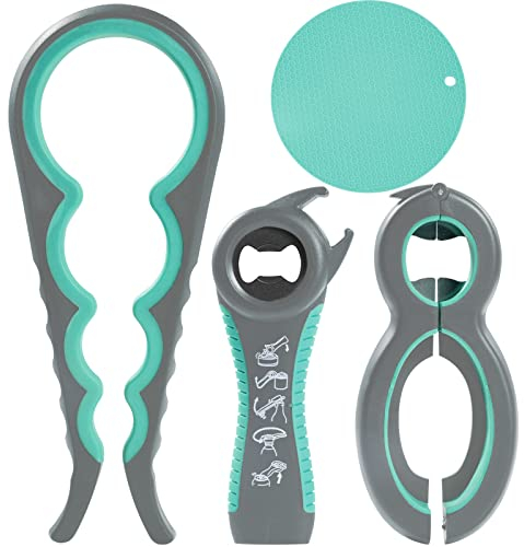 Jar Opener and Bottle Opener with Silicone Jar Gripper Pad - 4Packs Rubber Jar Opener for Weak Hands, Seniors, Arthritis, Elderly, Children, Multifunctional Bottle Opener Wall Mounted