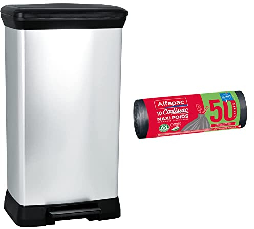 Curver Decobin - Poubelle rectangulaire à pédale, 50L - Fermeture Douce - Aspect Métal - 39 x 29 x 72 cm - Gris & ALFAPAC - 10 sacs 50L à liens coulissants - Sacs-Poubelle Maxi-Poids