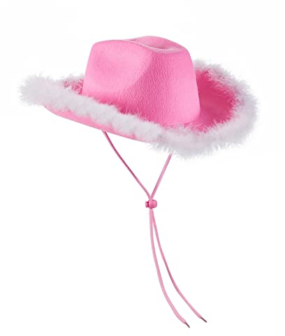 Flauschige Rosa Frauen Filz Cowboyhut Feder Glitzer Cowgirl Hut Kappe Kopfbedeckung Verkleidung Halloween Party Karneval Kostüm Zubehör (Rosa Weiß, Einheitsgröße)