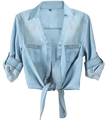 AMEBELLE Camicia da Donna Arrotolabile con Nodo Frontale a 3/4 Manica Corta in Denim Chambray, 03 Azzurro, L