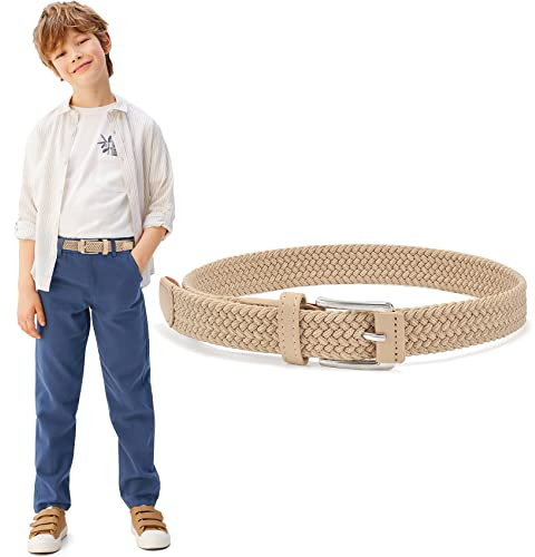 WHIPPY Kinder Gürtel Elastik Unisex Geflochtener elastischer Stretch Gürtel gewebter gürtel für Jungen und Mädchen Endspitze aus Leder mit Dornschließe, 3 cm breite,beige 75cm