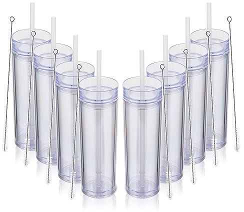 Volhoply 480ml Kunststoff Skinny Becher Mit Deckel und Strohhalm Bulk 8 Pack, Isoliert Doppelwand Bpa Frei Matt Acryl Becher, Eiskaffee Reisebecher Party Cup, Diy Geschenke(Klar,8 Set)