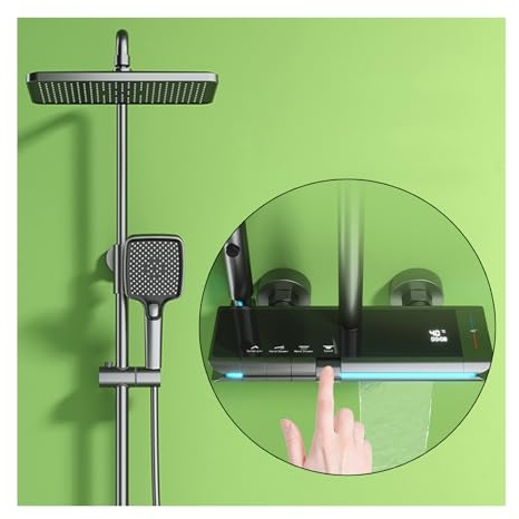 Colonne de Douche Thermostatique avec Mitigeur, Système de Douche Affichage Numérique Kit de Douche Réglable Hauteur Ensemble Douche avec Douche de Tête, Pommeau de Douche (Gris)