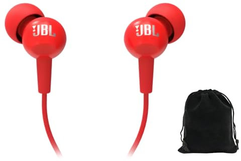 JBL Earbuds C100SI in-Ear Headphones Wired with Mic, Includes Carrying Pouch (Red), C100SI-Pouch
