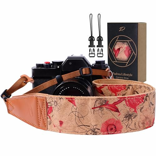 Padwa Lifestyle Cork Camera Strap - 2 Top Layer Cowhide Head Camera Straps for Photographers,Natural Log Crackle Art Print Style,Soft Chamois Velvet Padded Strap Quick Release fits All Cameras