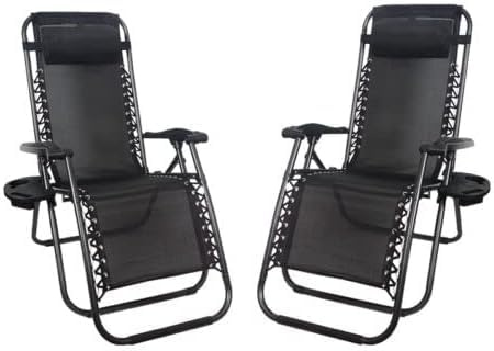 BUYEREMPIRE Zero Gravity Relaxing Chair Set of 2 Reclining & Folding Chair with Cup Holder and Headrest Outdoor Patio Outdoor Indoor Garden Beach Camping Sun Loungers (Black)