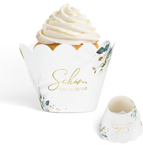 48 Stück Schön, dass du da bist Cupcake Wrappers Papier Eukalyptus Muffins Dessert Verpackung Hochzeit Dekoration für Geburtstag Kindergeburtstag Party Taufe Kommunion Konfirmation Babyparty