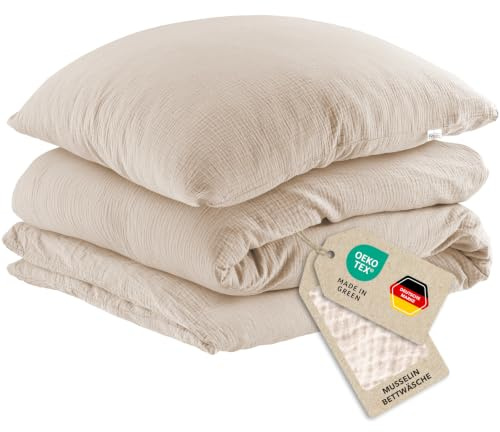 Pure Label Musselin Bettwäsche 155x220+40x80 cm 100% Baumwolle - Beige | Traumhaft weiche, kuschelige Bettwäsche-Sets aus Musselin - 40° Waschbar