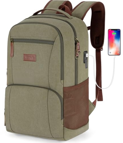 Tzowla Mochila Lona Escolar Instituto para Ordenador Portatil para Hombre Mujer,Mochila Vintage Viajes Trabajo con Puerto de USB/Tipo C,Mochila Libros Informal Aptas Portátil de 15,6 Pulgadas-Verde