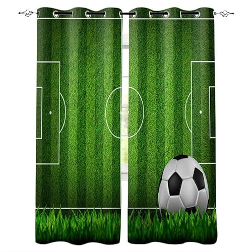 Rptidmv Vorhang Kinderzimmer Verdunklung grüner Fußball Modern Wohnzimmer Gardinen Mit Ösen, Junge Mädchen Schlafzimmer Vorhänge Blickdicht Gardinen 2er Set - 117 x 138 cm (B x H)