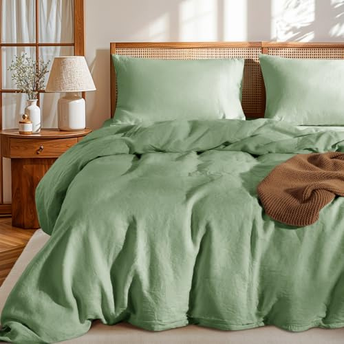 LBRO2M 100% France Linen Duvet Cover Set 3 Pcs Natural Flax Duvet Cover Set 2 Pillowcase 1 Duvet Cover with Zipper (Green Queen)