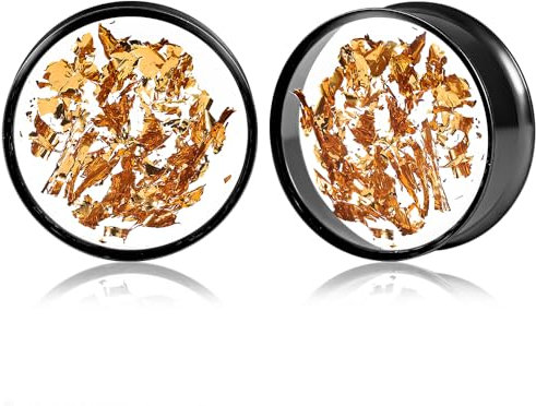 DOEARKO Ohr Flesh Tunnel 1 Paare Gold-Folie Ohr Tunnel Edelstahl Double Flared Ohr Plug Expander Ohrpiercing Gestreckte Schmuck für Frauen und Männer (Schwarz,16mm)