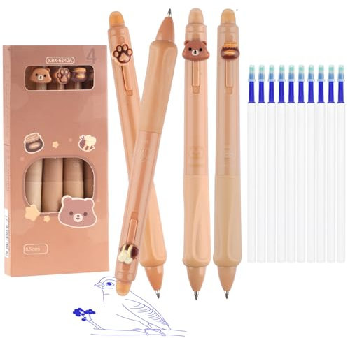 Neerow Radierbarer Kugelschreiber, 4 Stück Radierstift Blau mit 10 Stück Ersatzminen, 0,5 mm Radierbarer Tintenroller, Gelstifte Radierbar für Studenten Kinder Schule Bürobedarf (Bär)