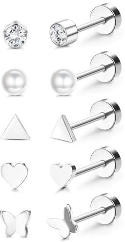 JeweBella 5 par allergivänliga G23 titanörhängen för kvinnor män 20 g titan platt baksida örhängen öronpiercing dubbar tragus helix brosk örhänge set för känsliga öron, Small, Titan
