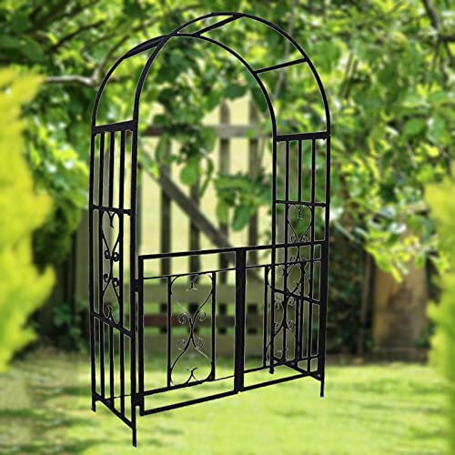 Arco de jardín de metal con puerta, cenador de arco rosa resistente a la intemperie para enredaderas exteriores, decoración