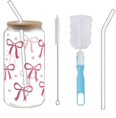 XINGNA Glas mit Deckel und Strohhalm, Trinkgläser mit Deckel und Strohhalm, Iced Coffee Glas, Cocktailgläse, Vielseitig für Smoothie, Kaffee, Cocktails (Rosa Herzschleife, 16 oz)