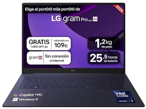 LG gram Pro 16Z90TS-G.AU99B Ordenador Portátil 16 Pulgadas, Intel Core Ultra 9 288V, 32GB RAM, 1TB SSD, Pantalla IPS Antirreflejo, 1.239 g, 25.5 Horas, W11 Home, Gris metalico, Teclado QWERTY Español