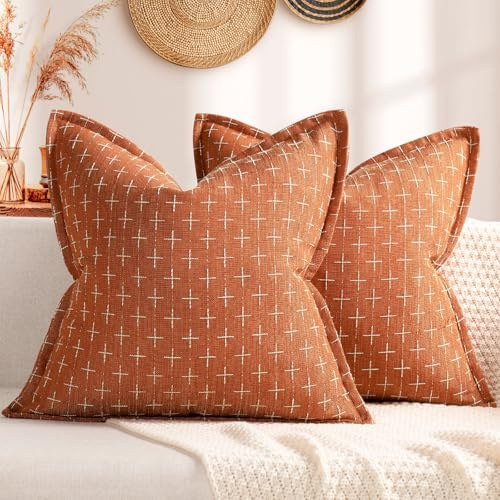 ZWJD Kissenbezug 40x40 2er Set Orangebraun Weiches Polyester Strukturierte Kissenbezüge Dekokissen Flanschrand Gemütliche Bauernhaus Kissenhüllen für Couch, Bett, Sofa, Wohnzimmer