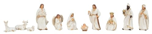 mucHome Krippenfiguren Set 11-teilig Heilige Familie mit Hirten und Heiligen DREI Königen Weiß und Gold Polyresin Weihnachten Krippe (Set 1)
