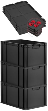 PROREGAL SuperSparSet 3x Eurobox NextGen Grip mit Auflagedeckel & 4 roten Schiebeschnappverschlüssen, HxBxT 32x40x60cm, 65L, Schwarz, Griffe zu, Eurobehälter, Transportbox, Transportbehälter