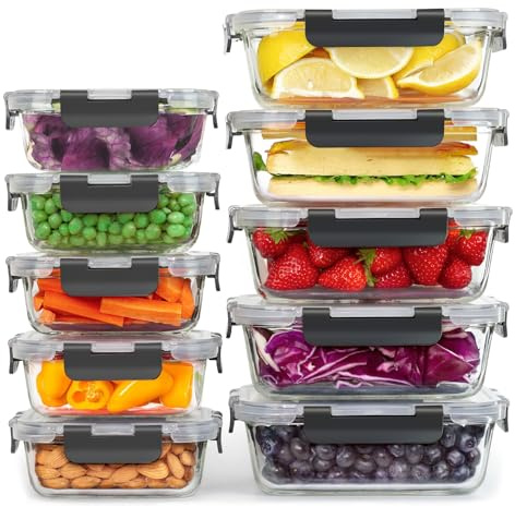 Woobroo Glass Container Food Storage with Lids, 10 Pack Meal Prep Containers Set, Airtight Lunch Containers, Leak Proof, BPA Free Glass Lunch Bento Boxes for Microwave, Oven, Freezer and Dishwasher