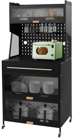 Brride Armoire de cuisine avec plan de travail, panneau de niveau, roulettes, meuble à micro-ondes mobile, étagère de cuisine debout, buffet de cuisine avec 3 compartiments, 1 tiroir