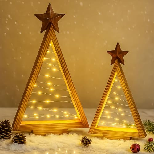 Weihnachtsdeko LED Weihnachtsbaum Holz mit Stern, 2 Stück Weihnachtsbaum Beleuchtet mit LED Lichterkette, Timer, Weihnachtsdeko Holz Baum Leuchtende für Tischdeko Weihnachten Deko Innen