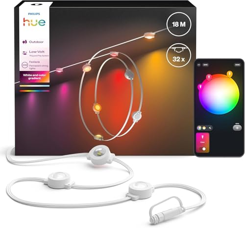 Philips Hue Festavia, smart ljusslinga med 32 lampor, 18 m, vit | Vitt & färgat ljus, dimbar och vädertålig LED utomhusbelysning 25W, röststyrning, musiksynk med Hue Bridge