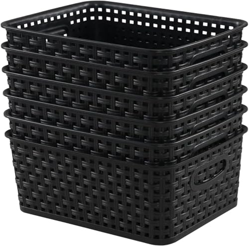 Kinmsito 6 Aufbewahrungskorb Aus Kunststoff, Schwarz, 22.6 x 17 x 10 cm | Aufbewahrungsbox, Körbe Aufbewahrung, Gewebt, Organizer Box for Schrank, Büro, Küche, Schlafzimmer, Badezimmer