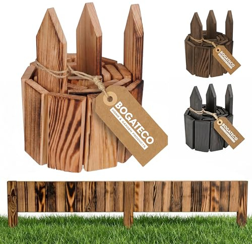 BOGATECO Recinzione per aiuole in legno, 1 recinzione arrotolabile, 10 cm di altezza e 112 cm di lunghezza, recinzione in legno, perfetta come bordo per aiuole o delimitazione dei sentieri, fiammato
