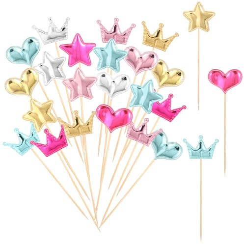 60 Stück Cupcake Decoration Krone Kuchen Deko Muffins Star Cupcake Toppers Mehrfarbig Stern Form Kuchendekoration Muffin Deko Glitter Kuchen Geburtstag Picks In Herz Krone für Dusche Verlobung Party