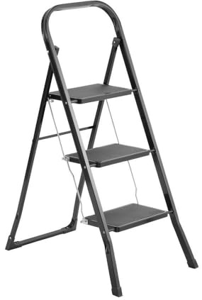 Escalera plegable de 3 peldaños antideslizantes de acero color negro | Soporta 150 kg. Medidas abierta: 46x71x105 cm. Medidas plegada: 46x4x116 cm. Cumple normativa EN14183