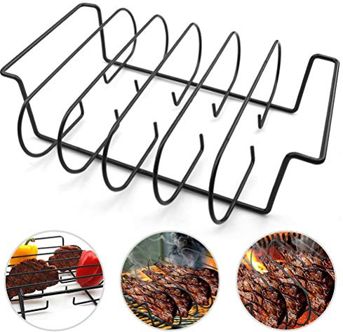 OEBUAFI Ribbställ för Grillning, Non-stick Järn Grillställ för 6 Revben för Utomhusgrill och Familjesammankomster (svart)