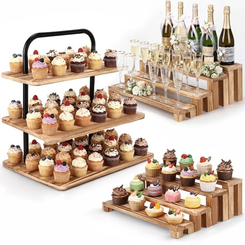 Teecyhooo 3 Pack Wooden Cupcake Stand 3 Tier Large Dessert Table Display Set Cupcake Tower Tiered Tray Stand Serving Tray for Wedding Birthday Graduation Tea Party Farmhouse Vendor (Vintage)