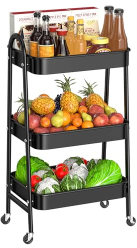 Homshsjhkis Chariot de Rangement à roulettes, Chariot roulettes 3 Niveaux en Métal, Desserte Cuisine Rangement Mobile Étagère avec Poignées, Chariot Utilitaire pour Salle de Bain, Buanderie, Noir