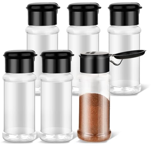 TIESOME 6 Pcs Plastic Spice Jars with Shaker Lids, 3 oz Clear Seasoning Containers for Spice Rack, Drawer, Cabinet Storage (Black Lid)