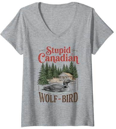 Damen Hockey-Meme „Dummer Kanadischer Wolfsvogel“ mit beheiztem Lo T-Shirt mit V-Ausschnitt