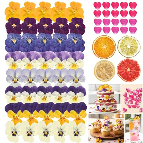Celblisora 72 Stück Natürlich Getrocknete,Gepresste Essbare Blüten für Tortendekorationen und Cocktails, inklusive Stiefmütterchen, Herz Rosenblättern,Getrockneten Zitrusfruchtscheiben