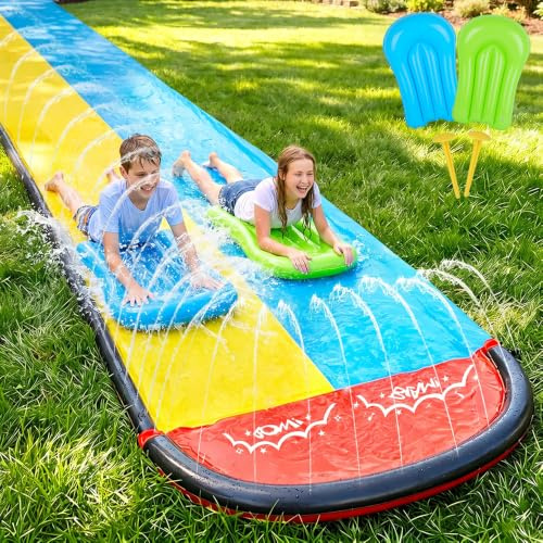 Double Water Slides and 2 Bodyboards, 19.6ft/600cm Slip and Slide Water Slide for Kids, Summer Inflatable Water Slide with Sprinkler and Drench Pool, Garden Outdoor Toy for Kids Adults Backyard Outdo
