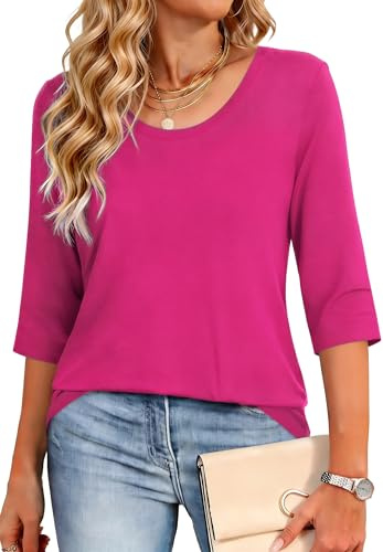 Crewhpo Maglia Donna Cotone Maniche Tre Quarti Scollo a U Casual Leggera | Tessuto Morbido, Scollo a U Pulito, Maniche Tre Quarti, Linea Comoda, Tinta Unita, Ufficio Tempo Libero Estate