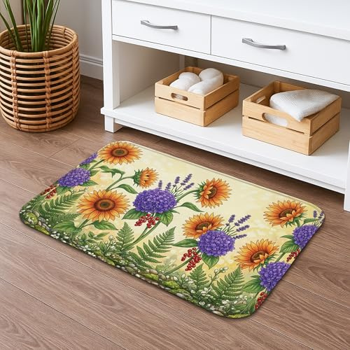 Badematte mit Blumenmuster, schnell trocknend, Vintage-Sonnenblume, Lavendel, Farnen, saugfähig, rutschfest, Frühlingsdekorativ, waschbar, Badteppiche für Badezimmer, WC, Toilette, 40,6 x 61 cm