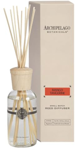 Archipelago Botanicals Mango Tangerine Reed Diffuser, Home Fragrance Reed Diffuser, Includes Fragrance Oil, Decorative Wooden Cap & 10 Diffuser Reeds, Perfect for Home, Office or Gift, 7.85 fl oz