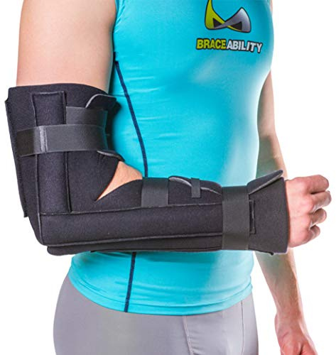 BraceAbility Elbow Immobilizer Brace | Removable Long Arm Cast and Soft Forearm Orthosis Splint for Broken Supracondylar, Distal Humerus, Proximal Ulna Fracture or Olecranon Bursitis (L/XL)