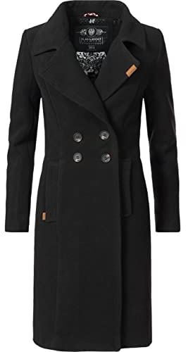 Navahoo Damen Mantel in Wollmantel-Optik langer Trenchcoat mit Reverskragen Wooly Schwarz Gr. M