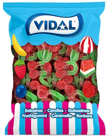 Vidal Golosinas. Cerezas Gigantes Pica. Gominolas tamaño XXL con cobertura ácida y sabor intenso a cereza. Colores rojo y verde. Sin gluten ni grasa. Bolsa 1 kg