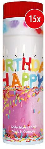 PUSTEFIX Seifenblasen Set I 15 x Klassik 42ml Geburtstag Torte I Bunte Geburtstag-Bubbles Made in Germany I Seifenblasen für Hochzeit, Standesamt, Kindergeburtstag I 15 x 42 ml Vorteilspack