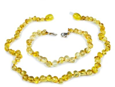 Baby J's - Lemon - Premium Amber Necklace and Adjustable Anklet Set - 100% Genuine Baltic Amber - With Adjustable Clasp - Knotted to Prevent Scattering - Gift Set